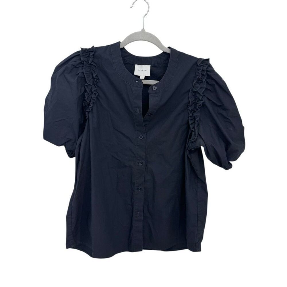 Sundays Manuella Poplin Cotton Puff Sleeve Blouse Size Small Navy Blue Ruffles